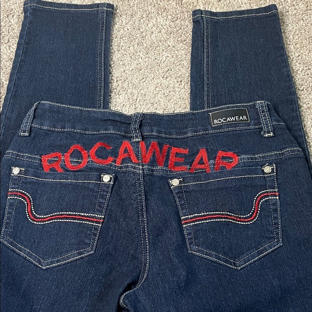 Rocawear Dark Blue Jeans with Red Embroidered Logo Vintage Y2K Size 7